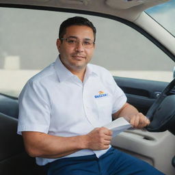 A Latino driver sporting a uniform, white shirt and glasses positioned against the backdrop of a Suzuki panel vehicle's interior.