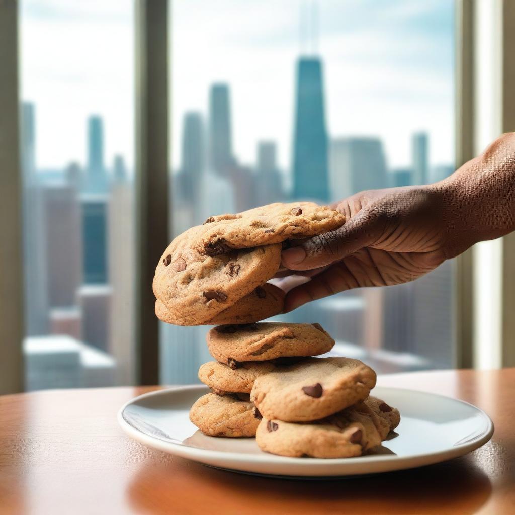 A cozy kitchen scene with a plate of freshly baked chocolate chip cookies prominently displayed in the foreground