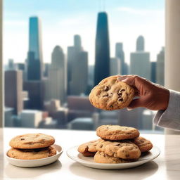 A cozy kitchen scene with a plate of freshly baked chocolate chip cookies prominently displayed in the foreground