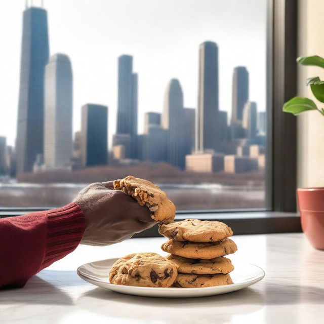 A cozy kitchen scene with a plate of freshly baked chocolate chip cookies prominently displayed in the foreground