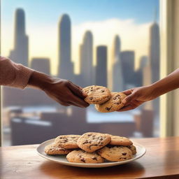 A cozy kitchen scene with a plate of freshly baked chocolate chip cookies prominently displayed in the foreground