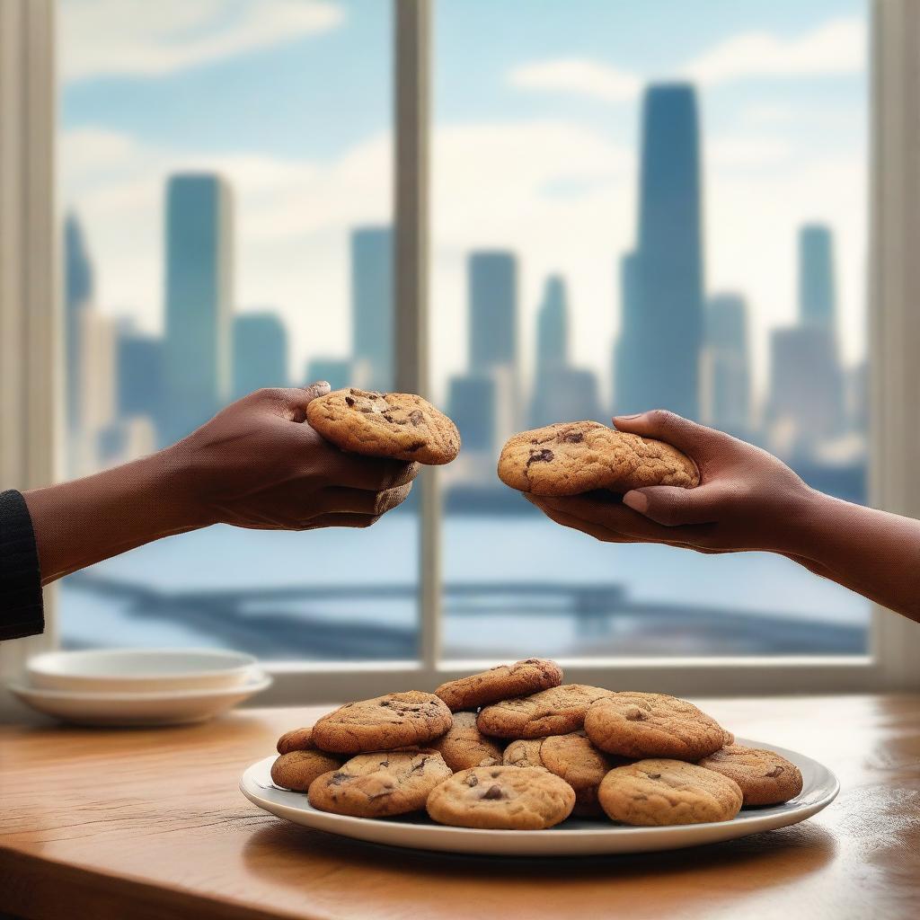 A cozy kitchen scene with a plate of freshly baked chocolate chip cookies prominently displayed in the foreground