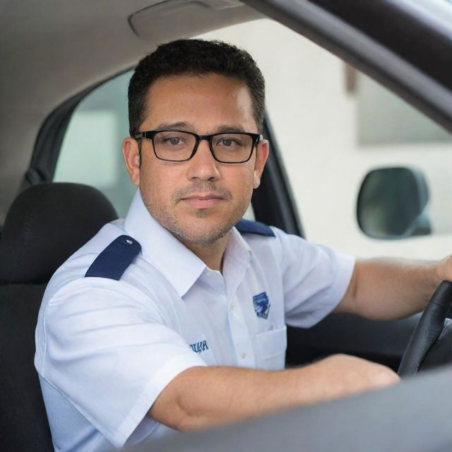 A Latino driver sporting a uniform, white shirt and glasses positioned against the backdrop of a Suzuki panel vehicle's interior.