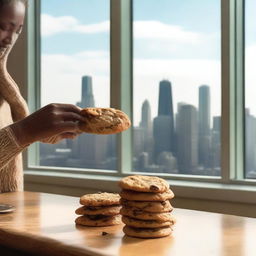 A cozy kitchen scene with a plate of freshly baked chocolate chip cookies prominently displayed in the foreground