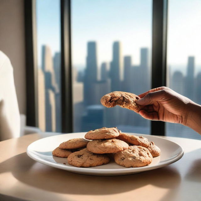 A cozy kitchen scene with a plate of freshly baked chocolate chip cookies prominently displayed in the foreground