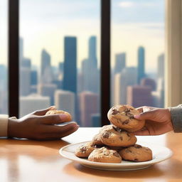 A cozy kitchen scene with a plate of freshly baked chocolate chip cookies prominently displayed in the foreground