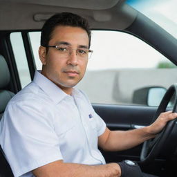 A Latino driver sporting a uniform, white shirt and glasses positioned against the backdrop of a Suzuki panel vehicle's interior.