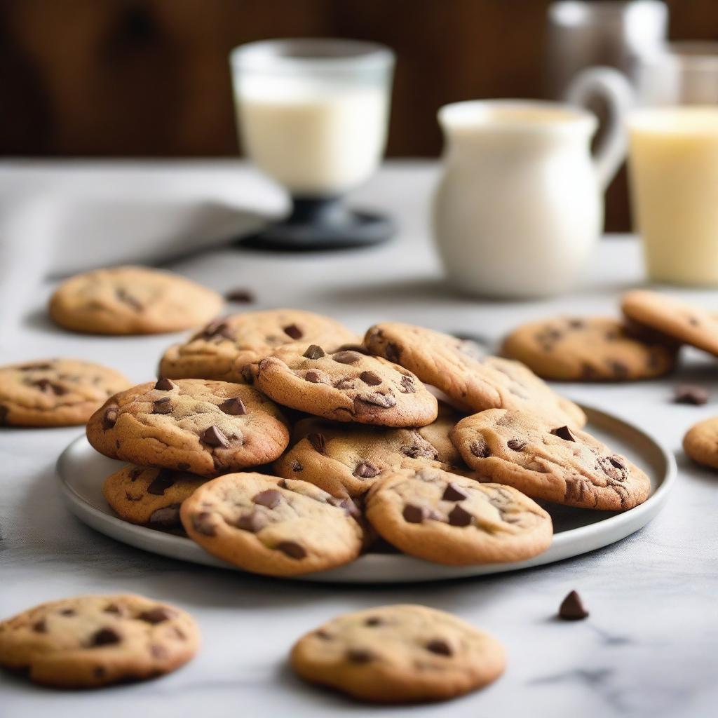 The book cover features a close-up of a plate of freshly baked chocolate chip cookies, arranged invitingly in the center