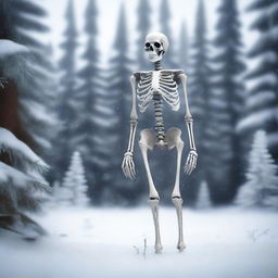 A detailed image of a skeleton standing in the snow