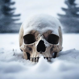 A detailed image of a human skull partially buried in the snow