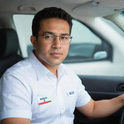 A Latino driver sporting a uniform, white shirt and glasses positioned against the backdrop of a Suzuki panel vehicle's interior.