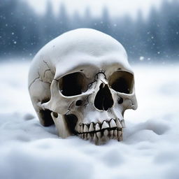 A detailed image of a human skull partially buried in the snow