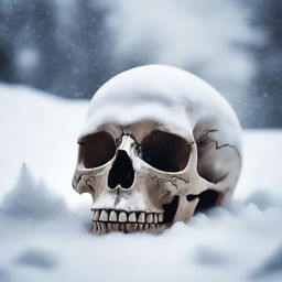 A detailed image of a human skull partially buried in the snow