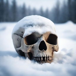 A detailed image of a human skull partially buried in the snow