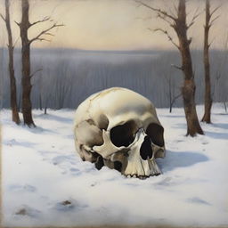 An oil painting of a skull partially buried in the snow