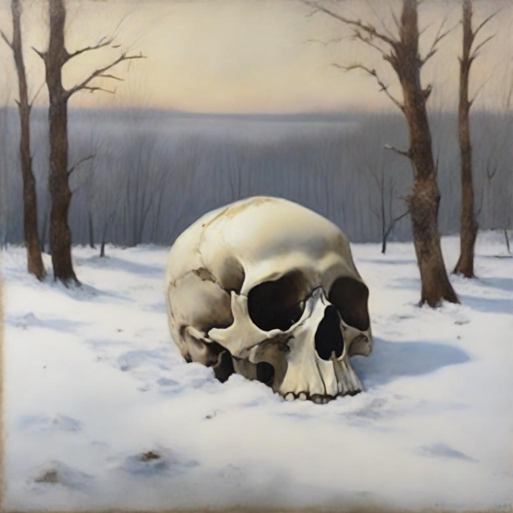 An oil painting of a skull partially buried in the snow