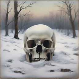 An oil painting of a skull partially buried in the snow