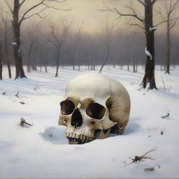 An oil painting of a skull partially buried in the snow