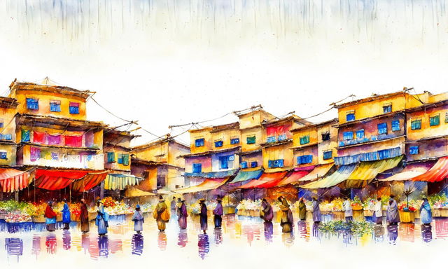 A watercolour storyboard's tenth act featuring a vast open village square surrounded by double-height buildings with small balconies and painted clay walls, and numerous stalls displaying brightly colored goods.