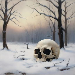 An oil painting of a skull partially buried in the snow