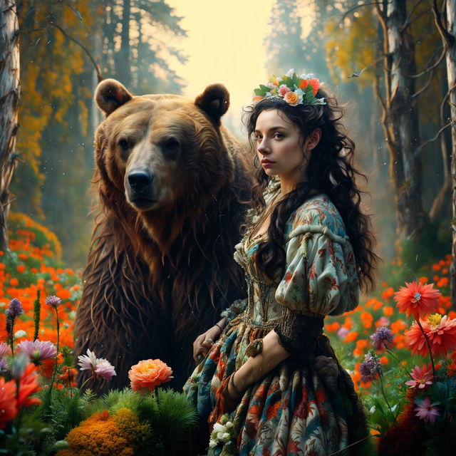 Hyper-realistic 3D Rococo-style photograph featuring a Russian forest woman with elf ears and short dark hair in a mystical Russian forest with a wild brown bear. The image captures vibrant colours, intricate floral aesthetics, savage vibes from the bear and tranquillity from the rainy day.