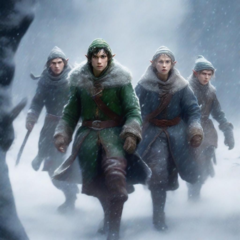 A group of elves braving a fierce blizzard in a snowy landscape