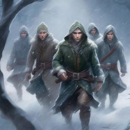 A group of elves braving a fierce blizzard in a snowy landscape