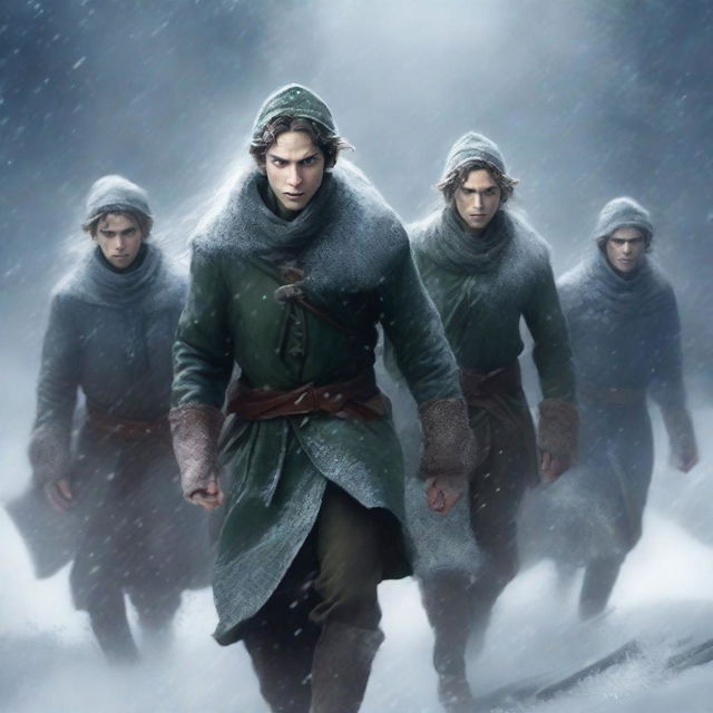 A group of elves braving a fierce blizzard in a snowy landscape