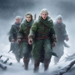 A group of elves braving a fierce blizzard in a snowy landscape