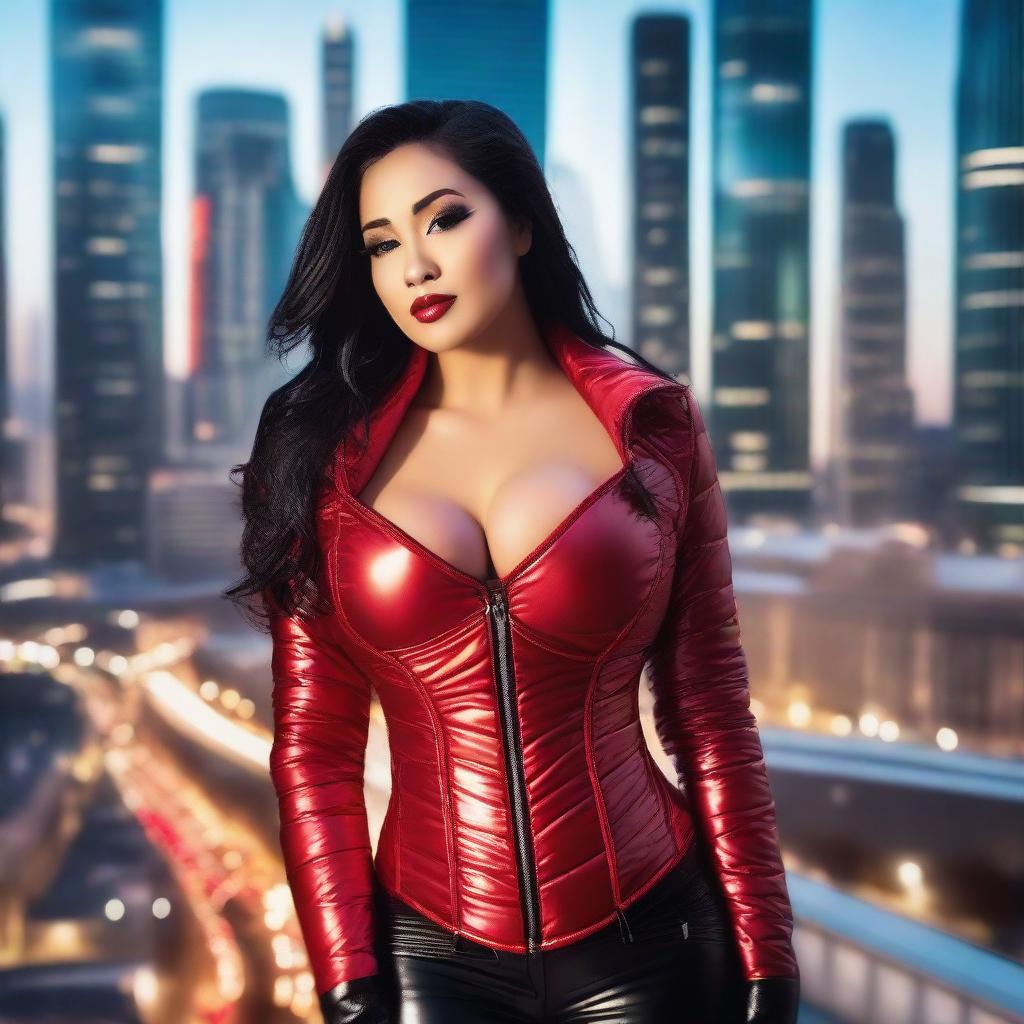 A beautiful woman wearing a tight red shiny puffer corset, posing seductively in a bustling city setting