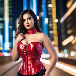 A beautiful woman wearing a tight red shiny puffer corset, posing seductively in a bustling city setting