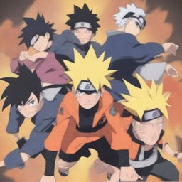 Create an image featuring characters from Naruto, Bleach, Dragonball Z, and Haikyuu