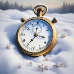 An oil painting of a stopwatch lying in the snow