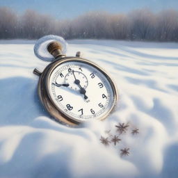 An oil painting of a stopwatch lying in the snow