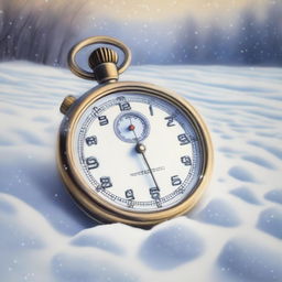 An oil painting of a stopwatch lying in the snow