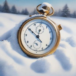 An oil painting of a stopwatch lying in the snow