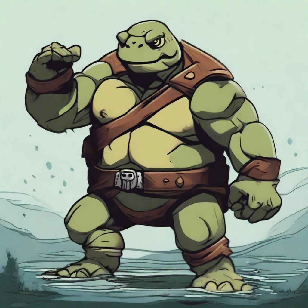 An olive-green ex-pirate Tortle barbarian with a broad, muscular frame and a weathered shell marked by countless battles