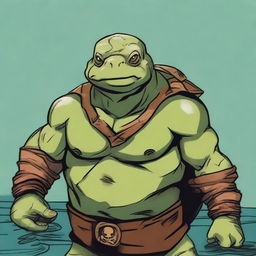 An olive-green ex-pirate Tortle barbarian with a broad, muscular frame and a weathered shell marked by countless battles