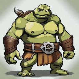 An olive-green ex-pirate Tortle barbarian with a broad, muscular frame and a weathered shell marked by countless battles