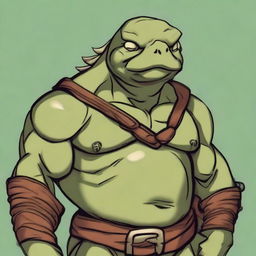 An olive-green ex-pirate Tortle barbarian with a broad, muscular frame and a weathered shell marked by countless battles