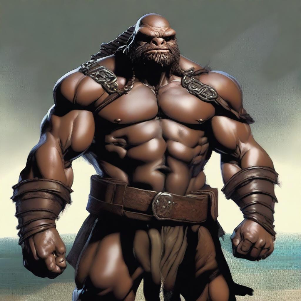 Black and brown ex-pirate Tortle barbarian with a broad, muscular frame and a weathered shell marked by countless battles