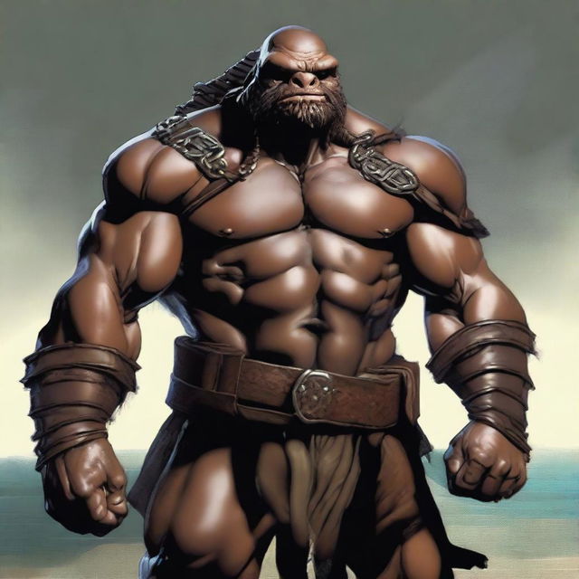 Black and brown ex-pirate Tortle barbarian with a broad, muscular frame and a weathered shell marked by countless battles