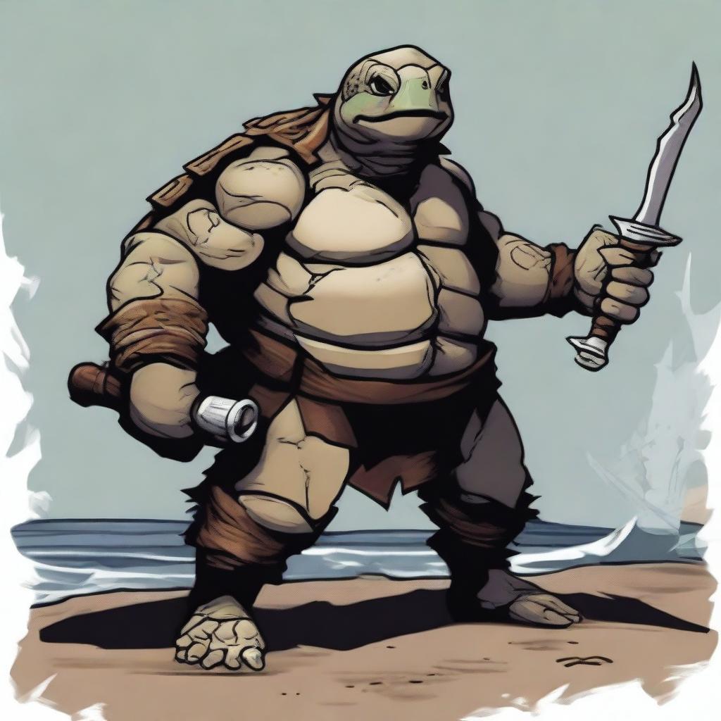 Create an image of a brown and gray ex-pirate Tortle barbarian with a broad, muscular frame and a weathered shell marked by countless battles