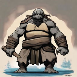 Create an image of a brown and gray ex-pirate Tortle barbarian with a broad, muscular frame and a weathered shell marked by countless battles