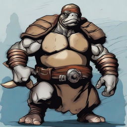 Create an image of a brown and gray ex-pirate Tortle barbarian with a broad, muscular frame and a weathered shell marked by countless battles