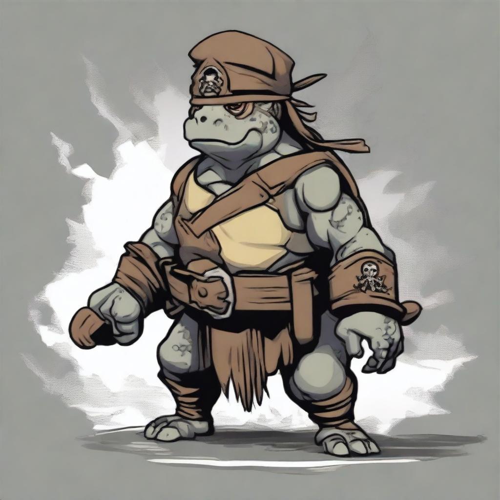 Create an image of a brown and gray ex-pirate Tortle barbarian with a broad, muscular frame and a weathered shell marked by countless battles