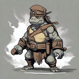 Create an image of a brown and gray ex-pirate Tortle barbarian with a broad, muscular frame and a weathered shell marked by countless battles