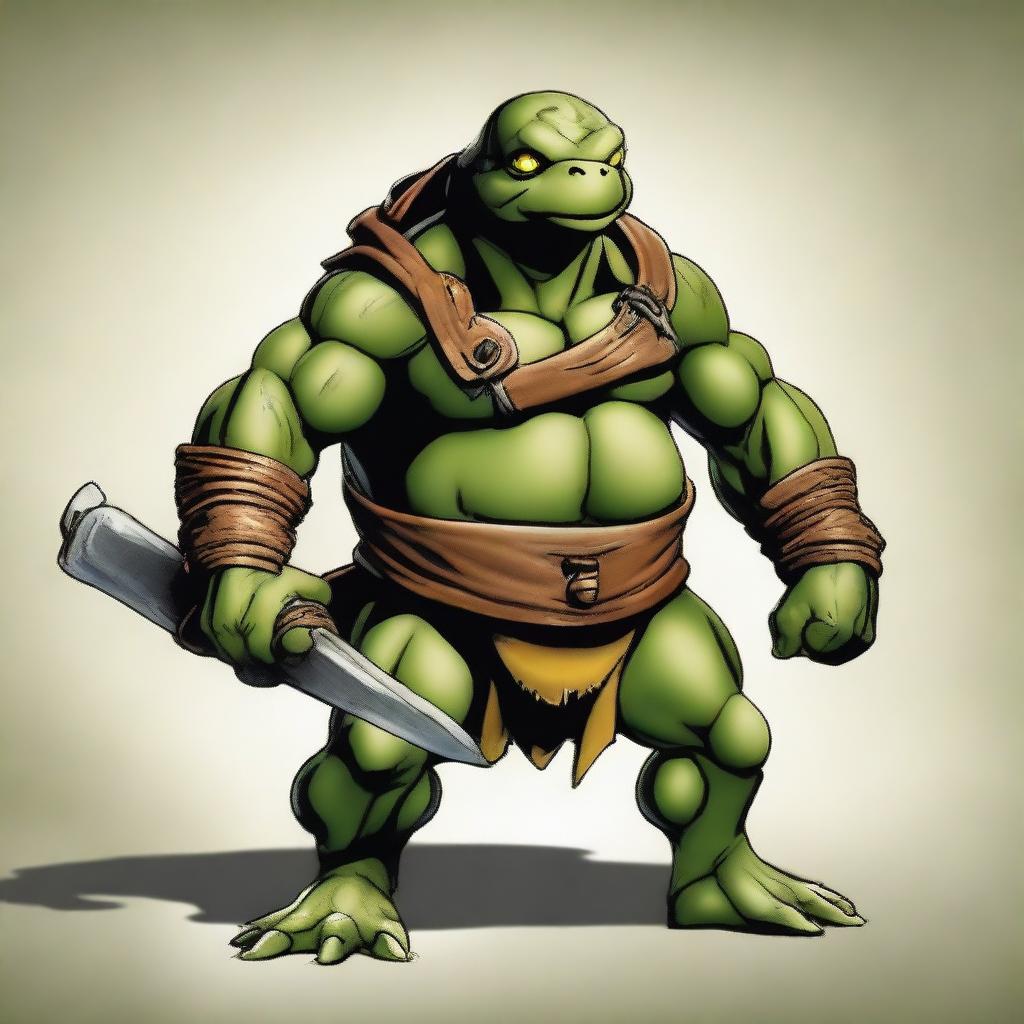 Create an image of an olive-green ex-pirate Tortle barbarian with a broad, muscular frame and a weathered shell marked by countless battles