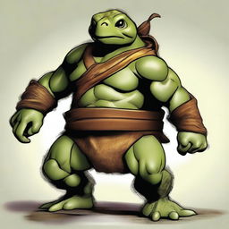 Create an image of an olive-green ex-pirate Tortle barbarian with a broad, muscular frame and a weathered shell marked by countless battles