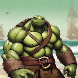 Create an image of an olive-green ex-pirate Tortle barbarian with a broad, muscular frame and a weathered shell marked by countless battles